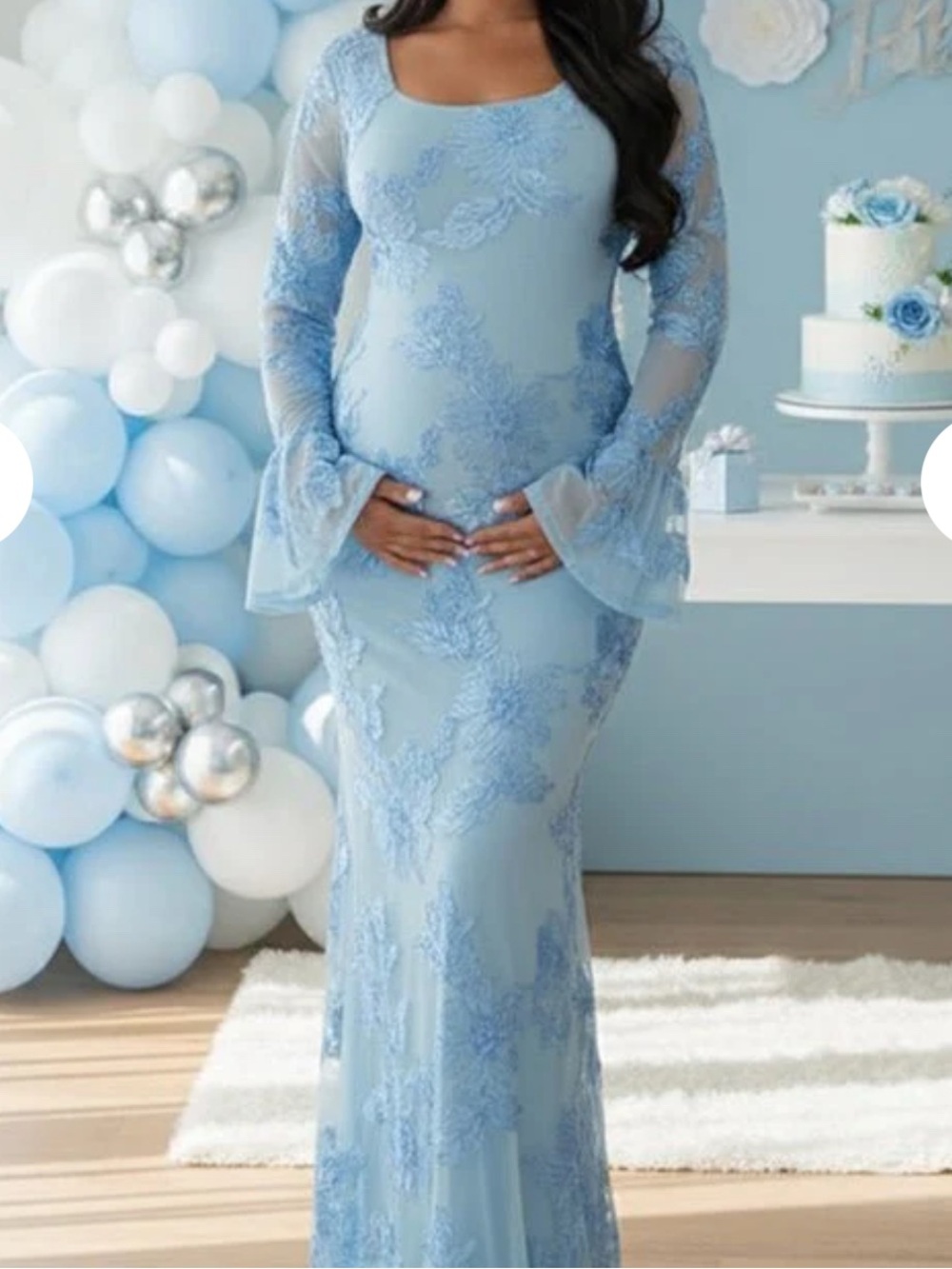 Momyknows Elegant Light Blue Lace Floral Maternity Gown Maxi